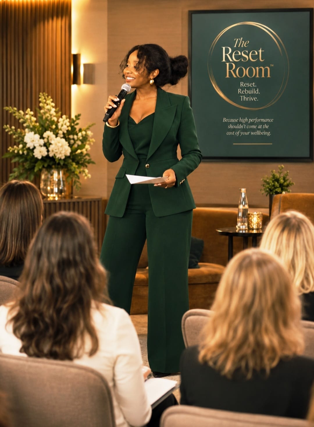 Shena Lee-Anthony presenting at The Reset Room workshop with The Reset Room branding visible behind her